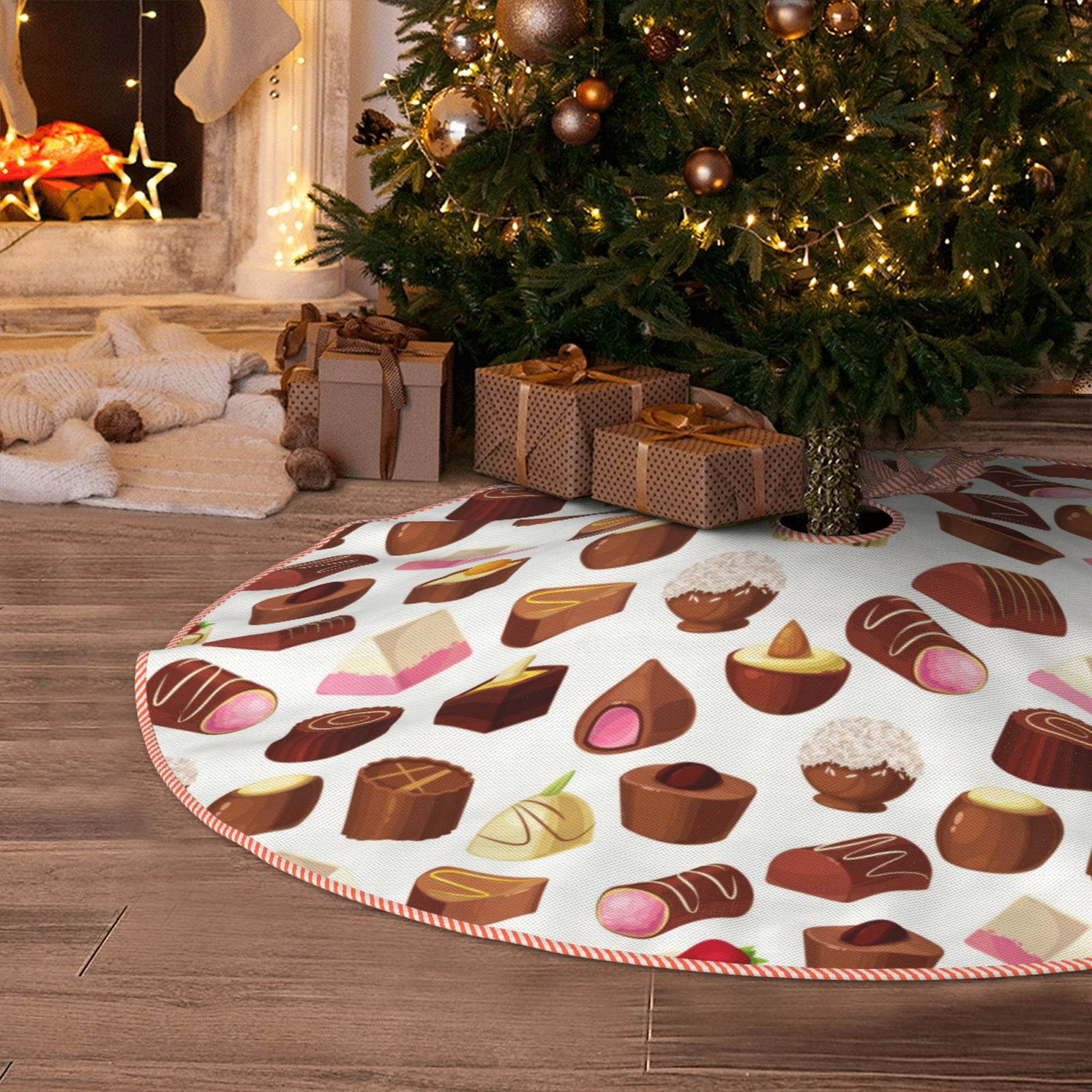 48 Inch Christmas Tree Skirt - Floral Block Print Cotton Tree Mat For Holiday Home Decor
