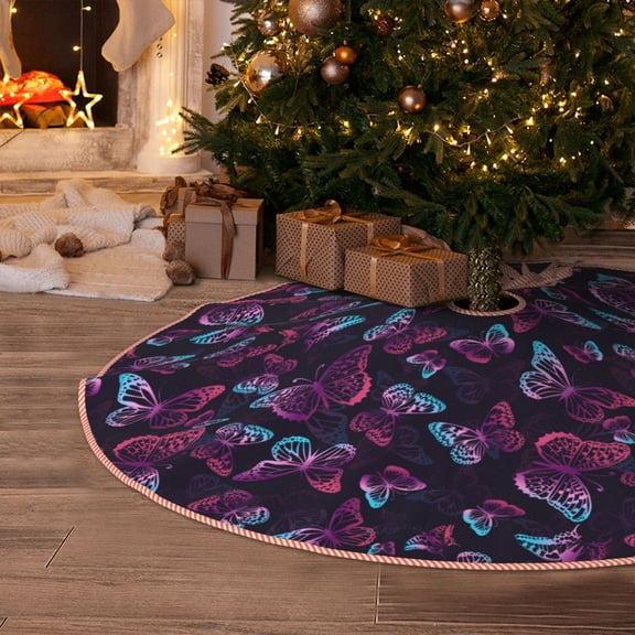 Halloween Christmas Tree Skirt - Purple Butterfly 36 Inches Christmas Tree Skirt for Halloween Holiday Indoor Home Christmas Tree Decorations with Three Ribbons