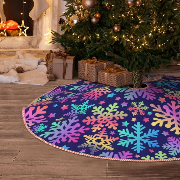 Halloween Christmas Tree Skirt - Rainbow Snowflakes 30 Inches Christmas Tree Skirt for Halloween Holiday Indoor Home Christmas Tree Decorations with Three Ribbons