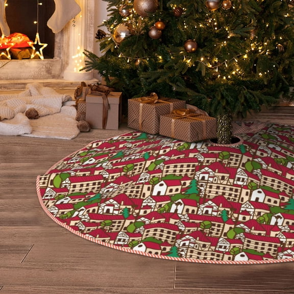Halloween Christmas Tree Skirt - Red Houses 48 Inches Christmas Tree Skirt for Halloween Holiday Indoor Home Christmas Tree Decorations with Three Ribbons