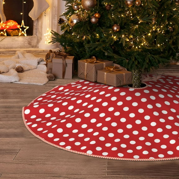Halloween Christmas Tree Skirt - Red Polka Dot 48 Inches Christmas Tree Skirt for Halloween Holiday Indoor Home Christmas Tree Decorations with Three Ribbons