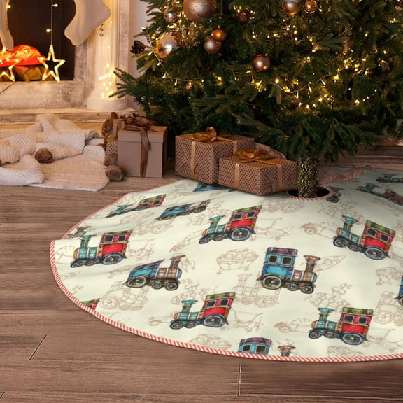 Halloween Christmas Tree Skirt - Retro Steampunk Vehicle 30 Inches Christmas Tree Skirt for Halloween Holiday Indoor Home Christmas Tree Decorations with Three Ribbons