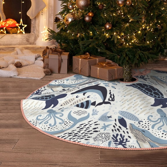 Halloween Christmas Tree Skirt - Sea Animal Elements 30 Inches Christmas Tree Skirt for Halloween Holiday Indoor Home Christmas Tree Decorations with Three Ribbons