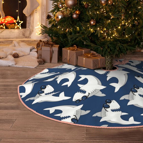 Halloween Christmas Tree Skirt - Shark white 30 Inches Christmas Tree Skirt for Halloween Holiday Indoor Home Christmas Tree Decorations with Three Ribbons