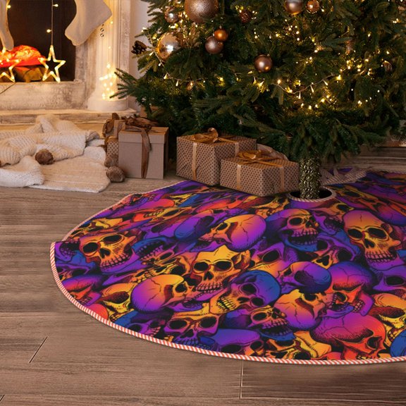 Halloween Christmas Tree Skirt - Skull Print P 30 Inches Christmas Tree Skirt for Halloween Holiday Indoor Home Christmas Tree Decorations with Three Ribbons
