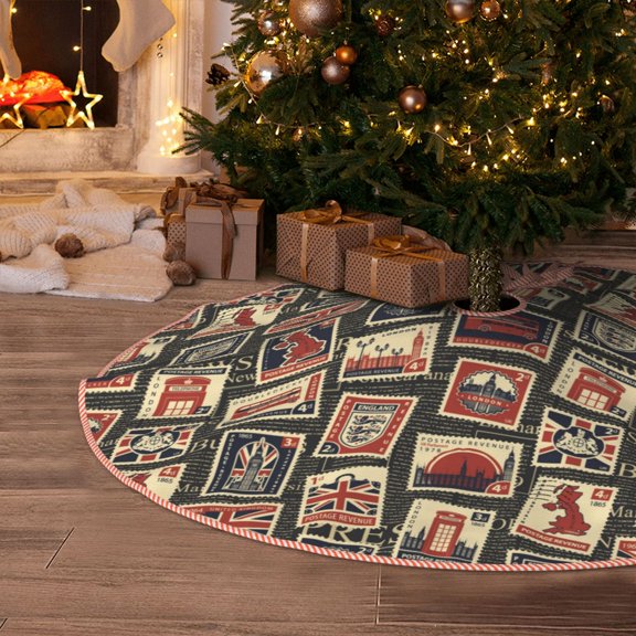 Halloween Christmas Tree Skirt - Stamp Pattern England 30 Inches Christmas Tree Skirt for Halloween Holiday Indoor Home Christmas Tree Decorations with Three Ribbons