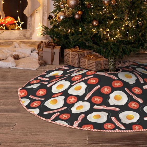 Halloween Christmas Tree Skirt - Tomato Bacon Omelette 30 Inches Christmas Tree Skirt for Halloween Holiday Indoor Home Christmas Tree Decorations with Three Ribbons