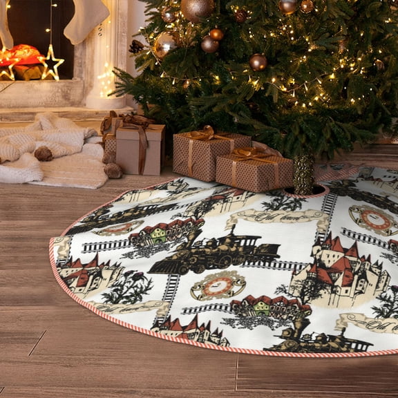 Halloween Christmas Tree Skirt - Train Pattern Vintage 36 Inches Christmas Tree Skirt for Halloween Holiday Indoor Home Christmas Tree Decorations with Three Ribbons