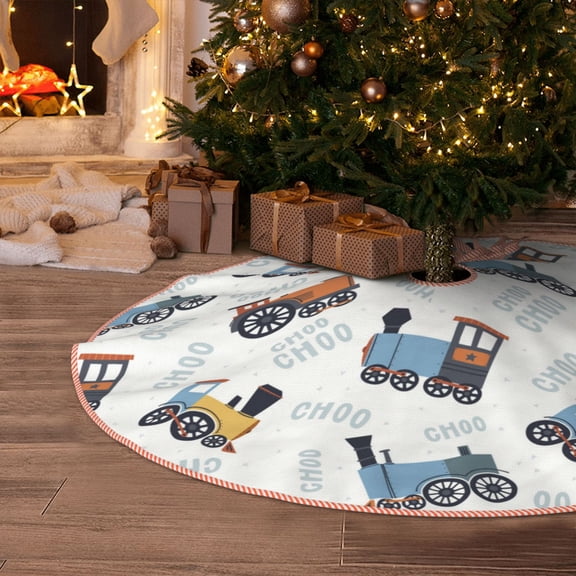 Halloween Christmas Tree Skirt - Trains Pattern 36 Inches Christmas Tree Skirt for Halloween Holiday Indoor Home Christmas Tree Decorations with Three Ribbons