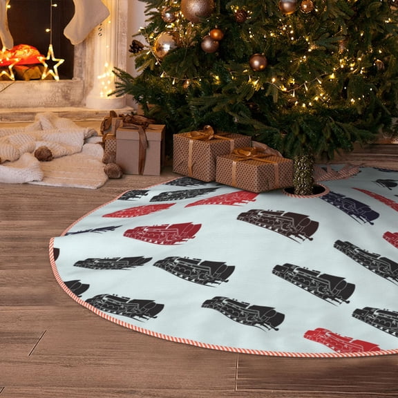 Halloween Christmas Tree Skirt - Trains Pattern color 30 Inches Christmas Tree Skirt for Halloween Holiday Indoor Home Christmas Tree Decorations with Three Ribbons