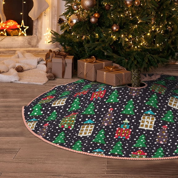 Halloween Christmas Tree Skirt - Christmas Trees And Houses 48 Inches Christmas Tree Skirt for Halloween Holiday Indoor Home Christmas Tree Decorations with Three Ribbons