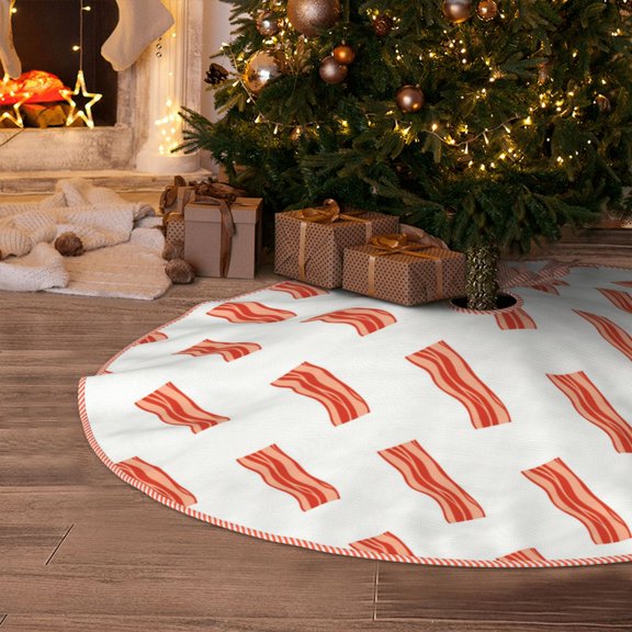 Halloween Christmas Tree Skirt - Twill Bacon Print White 30 Inches Christmas Tree Skirt for Halloween Holiday Indoor Home Christmas Tree Decorations with Three Ribbons
