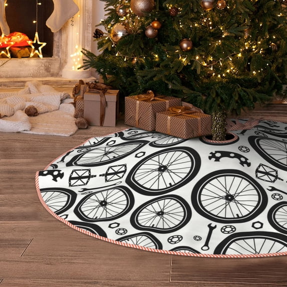 Halloween Christmas Tree Skirt - Vintage Bike wheel Pattern 30 Inches Christmas Tree Skirt for Halloween Holiday Indoor Home Christmas Tree Decorations with Three Ribbons