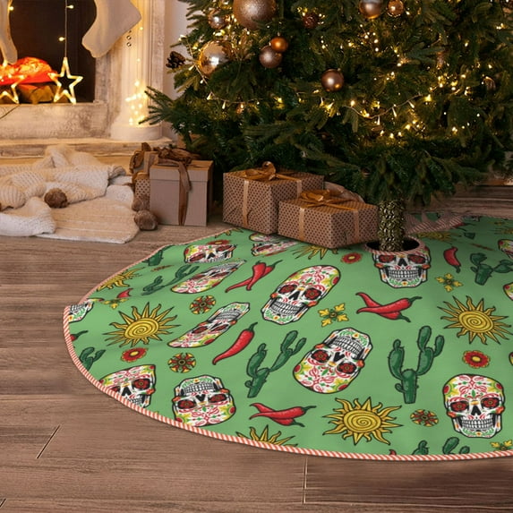 Halloween Christmas Tree Skirt - Vintage Sugar Skull 30 Inches Christmas Tree Skirt for Halloween Holiday Indoor Home Christmas Tree Decorations with Three Ribbons