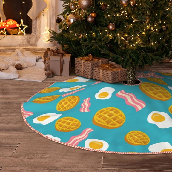 Halloween Christmas Tree Skirt - Waffle Poached Eggs Bacon 36 Inches Christmas Tree Skirt for Halloween Holiday Indoor Home Christmas Tree Decorations with Three Ribbons