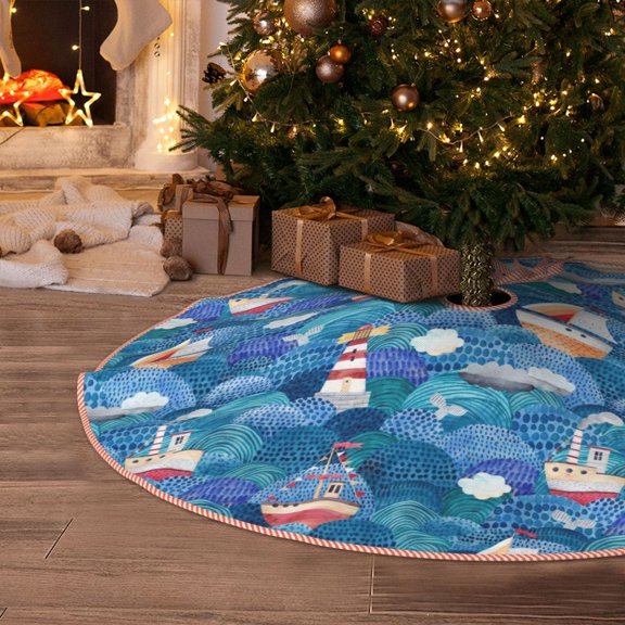Halloween Christmas Tree Skirt - Watercolor Ships 30 Inches Christmas Tree Skirt for Halloween Holiday Indoor Home Christmas Tree Decorations with Three Ribbons