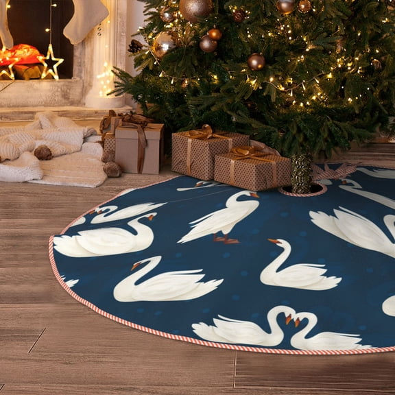 Halloween Christmas Tree Skirt - White Swam 30 Inches Christmas Tree Skirt for Halloween Holiday Indoor Home Christmas Tree Decorations with Three Ribbons