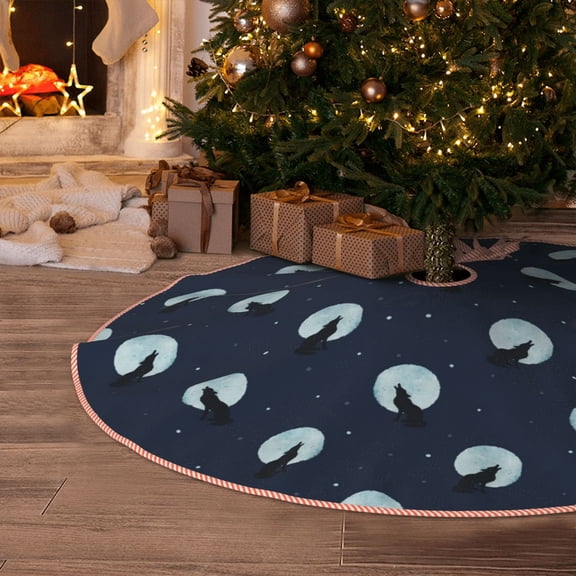 Halloween Christmas Tree Skirt - Wolf And Moon 30 Inches Christmas Tree Skirt for Halloween Holiday Indoor Home Christmas Tree Decorations with Three Ribbons