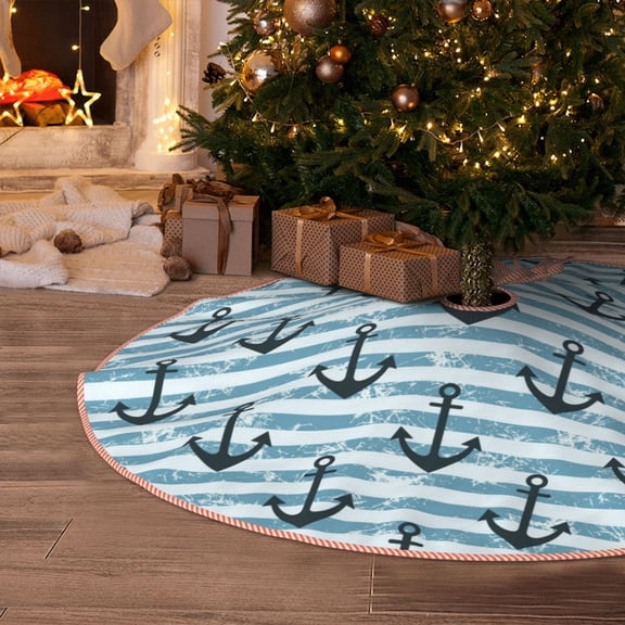 Halloween Christmas Tree Skirt - anchor Creative blue lined vintage 30 Inches Christmas Tree Skirt for Halloween Holiday Indoor Home Christmas Tree Decorations with Three Ribbons