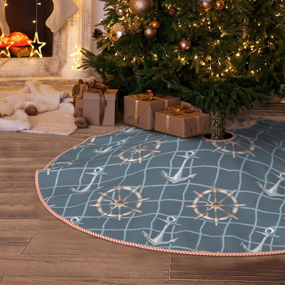 Halloween Christmas Tree Skirt - anchor rudder net vintage 30 Inches Christmas Tree Skirt for Halloween Holiday Indoor Home Christmas Tree Decorations with Three Ribbons