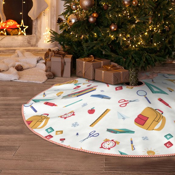 Halloween Christmas Tree Skirt - bag pencil ruler 36 Inches Christmas Tree Skirt for Halloween Holiday Indoor Home Christmas Tree Decorations with Three Ribbons