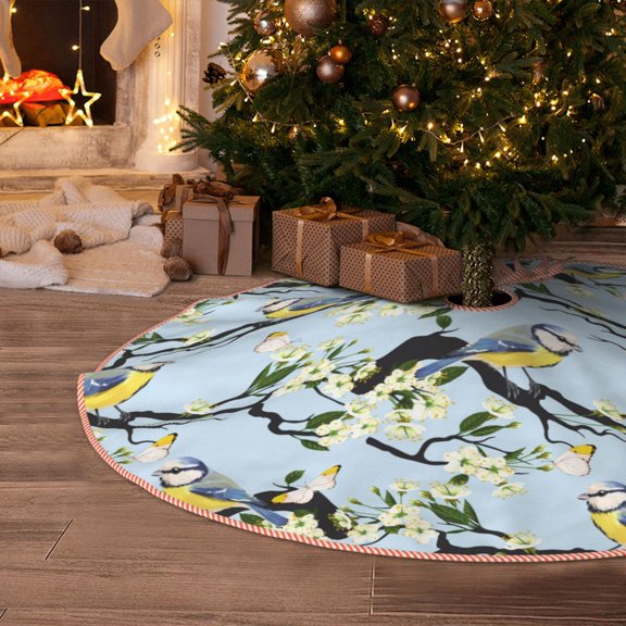 Halloween Christmas Tree Skirt - butterfly bird berry blossom blue 30 Inches Christmas Tree Skirt for Halloween Holiday Indoor Home Christmas Tree Decorations with Three Ribbons