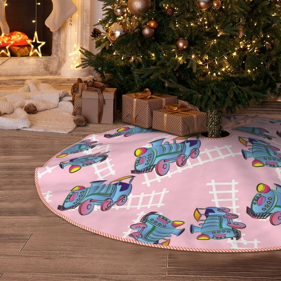Halloween Christmas Tree Skirt - cartoon Trains Pattern 30 Inches Christmas Tree Skirt for Halloween Holiday Indoor Home Christmas Tree Decorations with Three Ribbons