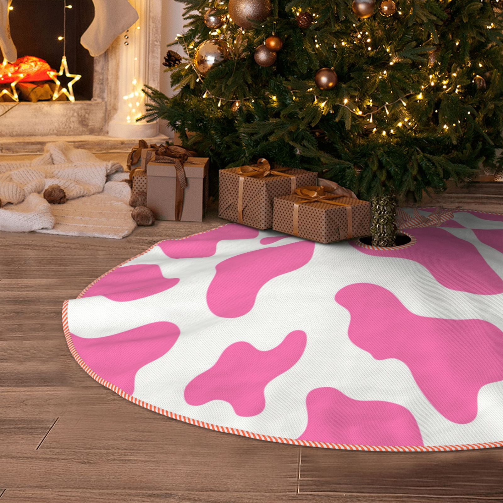 Halloween Christmas Tree Skirt cow pink print 90s 00s style 48 Inches Christmas Tree Skirt for Halloween Indoor Holiday Home Christmas Tree