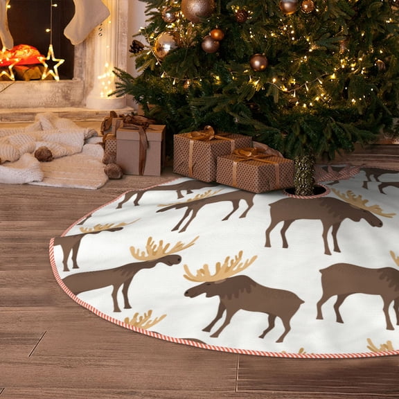 Halloween Christmas Tree Skirt - cute moose horns elk cartoon 30 Inches Christmas Tree Skirt for Halloween Holiday Indoor Home Christmas Tree Decorations with Three Ribbons