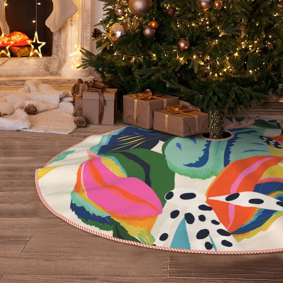 Halloween Christmas Tree Skirt - floral jungle pattern 30 Inches Christmas Tree Skirt for Halloween Holiday Indoor Home Christmas Tree Decorations with Three Ribbons