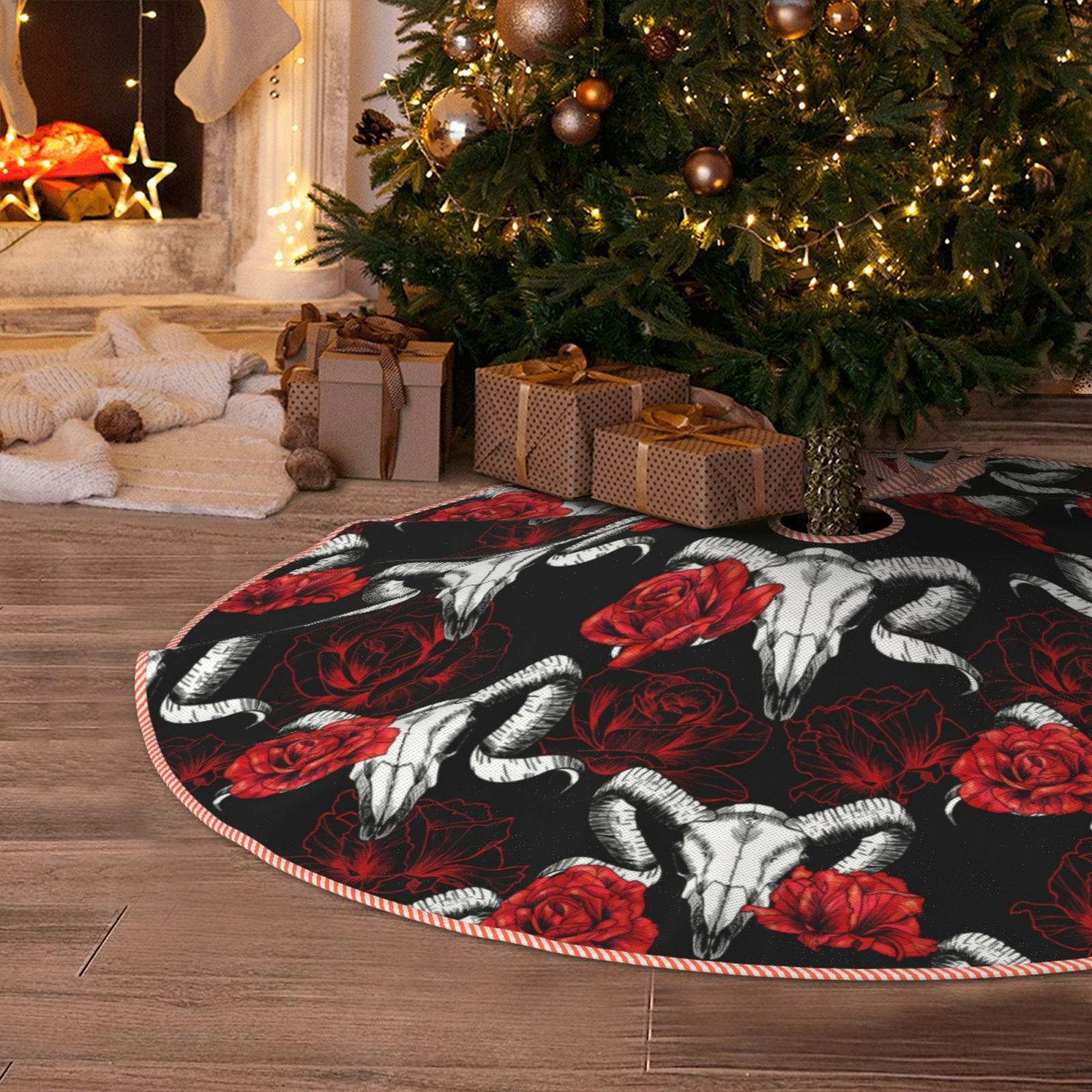 Halloween Christmas Tree Skirt goat skull red roses black cool