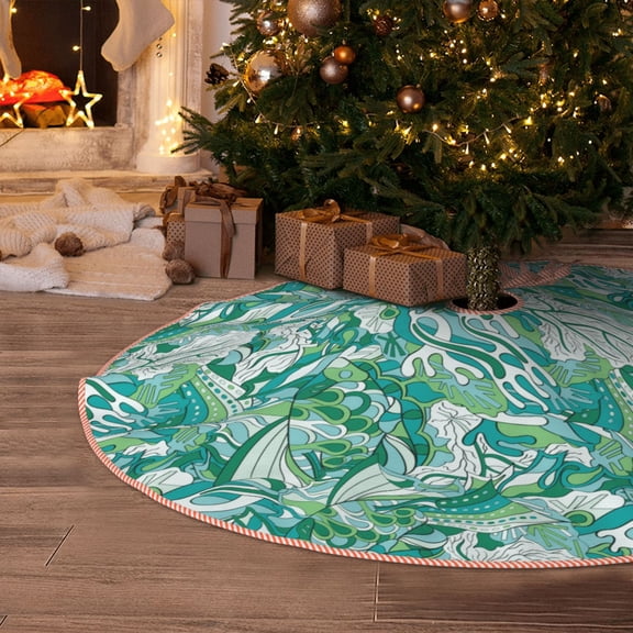 Halloween Christmas Tree Skirt - green doodle pattern 36 Inches Christmas Tree Skirt for Halloween Holiday Indoor Home Christmas Tree Decorations with Three Ribbons