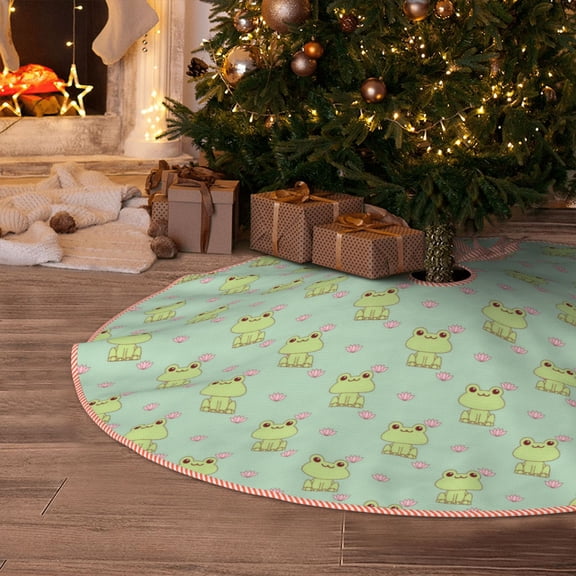 Halloween Christmas Tree Skirt - green frog pink flower cute 30 Inches Christmas Tree Skirt for Halloween Holiday Indoor Home Christmas Tree Decorations with Three Ribbons