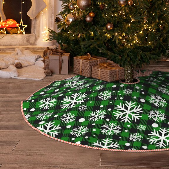 Halloween Christmas Tree Skirt - green grid white snowflakes Plaid 30 Inches Christmas Tree Skirt for Halloween Holiday Indoor Home Christmas Tree Decorations with Three Ribbons