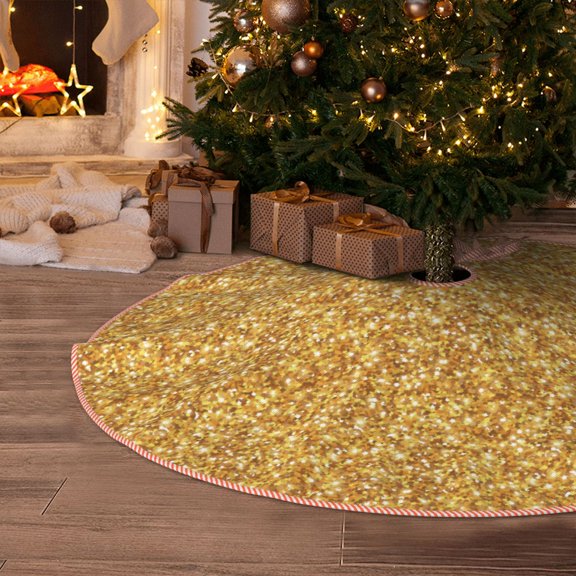 Halloween Christmas Tree Skirt - lightning Gold Glitter 30 Inches Christmas Tree Skirt for Halloween Holiday Indoor Home Christmas Tree Decorations with Three Ribbons