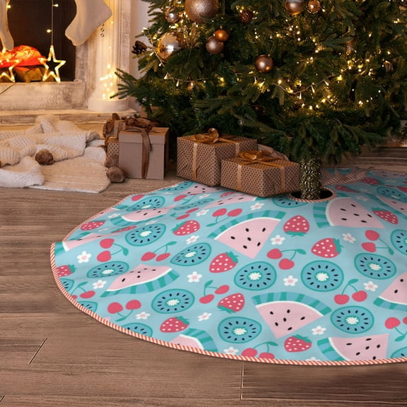 Halloween Christmas Tree Skirt - melon kiwi strawberry print 30 Inches Christmas Tree Skirt for Halloween Holiday Indoor Home Christmas Tree Decorations with Three Ribbons