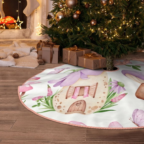 Halloween Christmas Tree Skirt - mushroom fairy house 48 Inches Christmas Tree Skirt for Halloween Holiday Indoor Home Christmas Tree Decorations with Three Ribbons