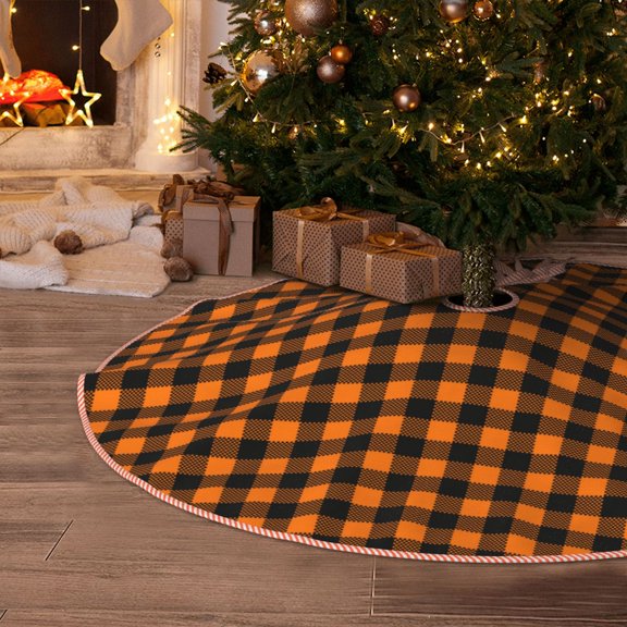 Halloween Christmas Tree Skirt - plaid halloween elements 36 Inches Christmas Tree Skirt for Halloween Holiday Indoor Home Christmas Tree Decorations with Three Ribbons