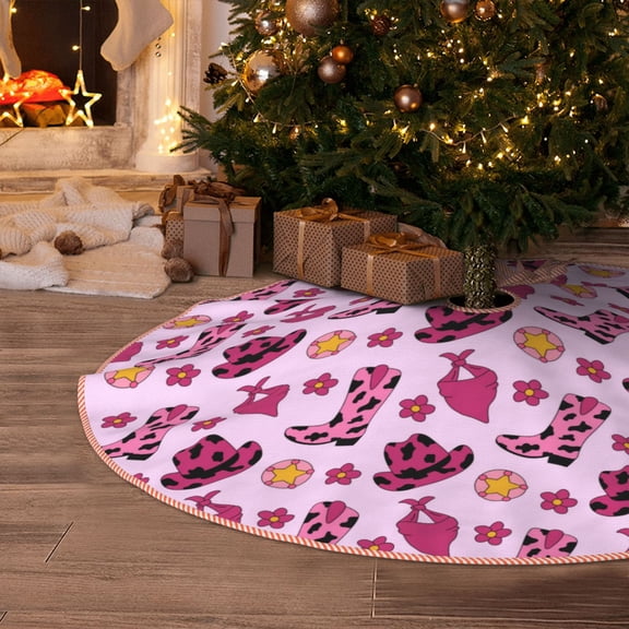 Halloween Christmas Tree Skirt - retro Cowgirl pink Boots hat scarf 36 Inches Christmas Tree Skirt for Halloween Holiday Indoor Home Christmas Tree Decorations with Three Ribbons