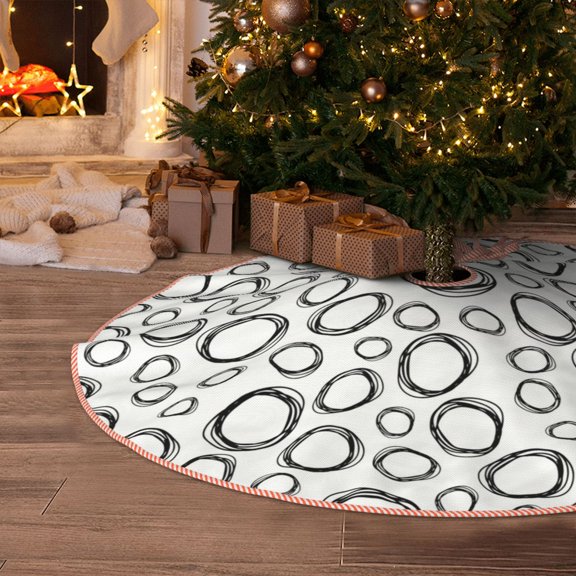 Halloween Christmas Tree Skirt - sketch Abstract circles shape 30 Inches Christmas Tree Skirt for Halloween Holiday Indoor Home Christmas Tree Decorations with Three Ribbons