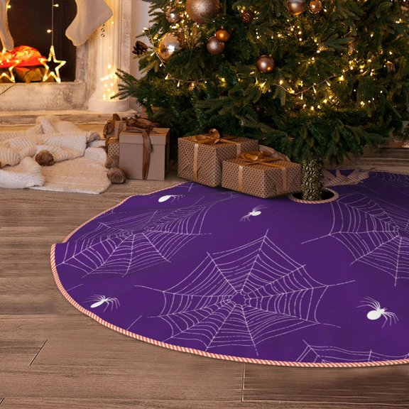 Halloween Christmas Tree Skirt - spider web purple cool 48 Inches Christmas Tree Skirt for Halloween Holiday Indoor Home Christmas Tree Decorations with Three Ribbons