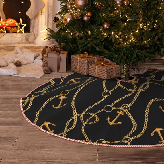 Halloween Christmas Tree Skirt - vintage golden anchor chain black 36 Inches Christmas Tree Skirt for Halloween Holiday Indoor Home Christmas Tree Decorations with Three Ribbons