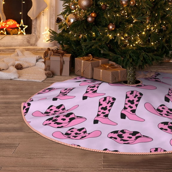 Halloween Christmas Tree Skirt - western cow pink cowboy boots hat 30 Inches Christmas Tree Skirt for Halloween Holiday Indoor Home Christmas Tree Decorations with Three Ribbons