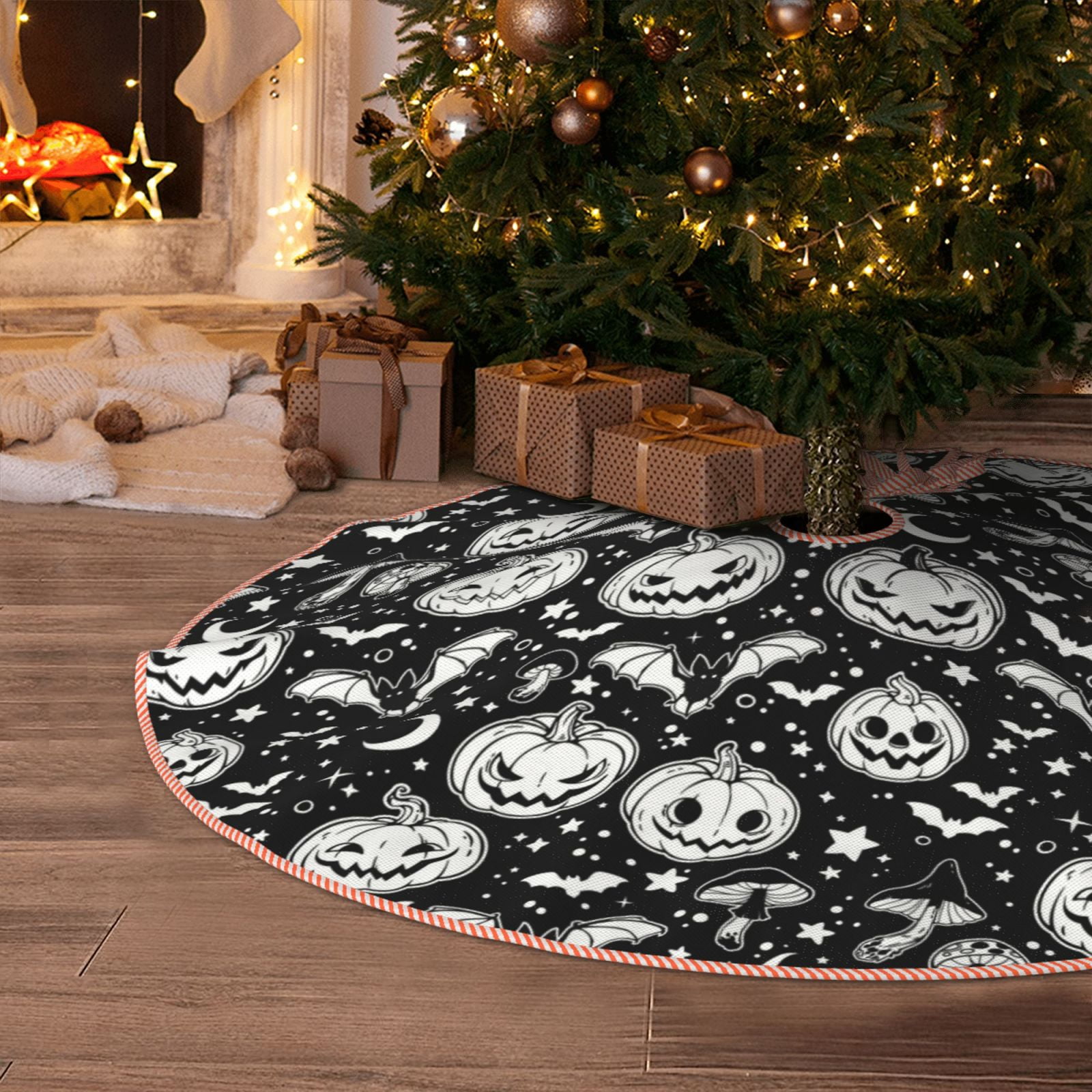 Halloween Christmas Tree Skirt, white halloween pumpkin bat Tree Mat