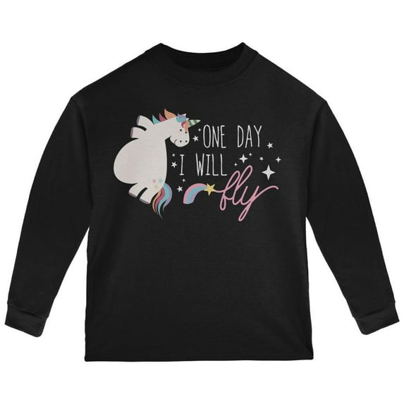 Halloween Chubby Unicorn One Day I Will Fly Toddler Long Sleeve T Shirt Black 2T