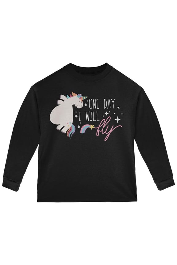 Halloween Chubby Unicorn One Day I Will Fly Toddler Long Sleeve T Shirt Black 3T