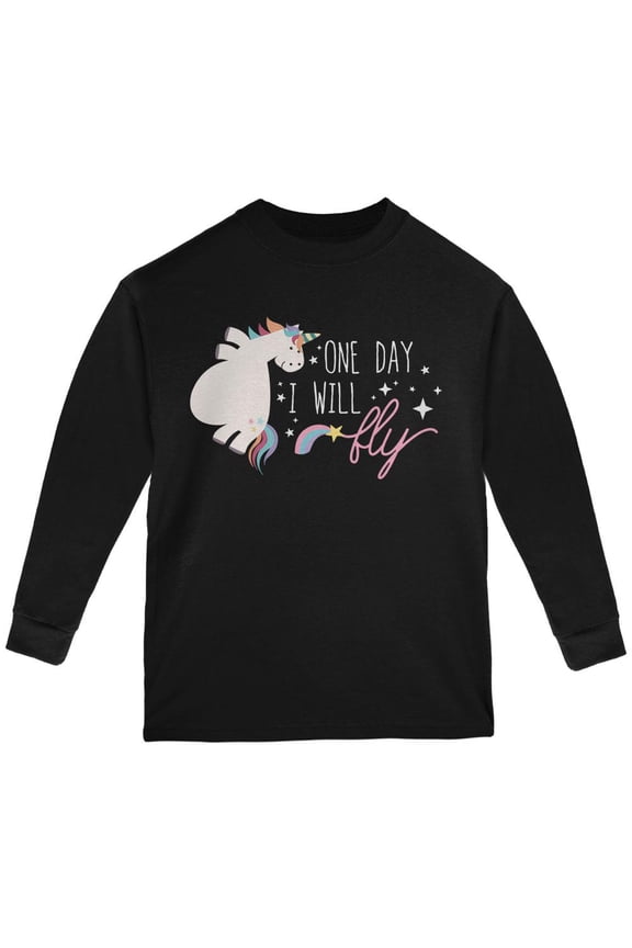 Halloween Chubby Unicorn One Day I Will Fly Youth Long Sleeve T Shirt Black YXL