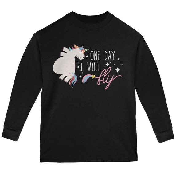 Halloween Chubby Unicorn One Day I Will Fly Youth Long Sleeve T Shirt Black YXL
