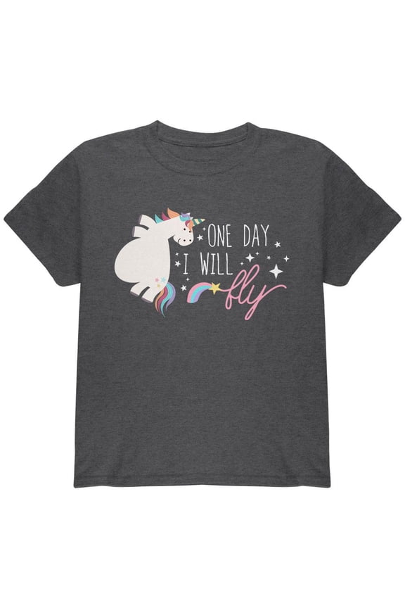 Halloween Chubby Unicorn One Day I Will Fly Youth T Shirt Dark Heather YSM