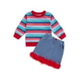 thumbnail image 1 of Halloween Chucky Doll Costume Toddler Baby Boy Girl Striped Sweatshirt Tops+Plush Trim Skirts Set Party Cosplay Outfits, 1 of 7